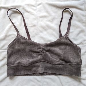 Aerie Offline bralette with ruched front, ribbed textured and grey/plum colour